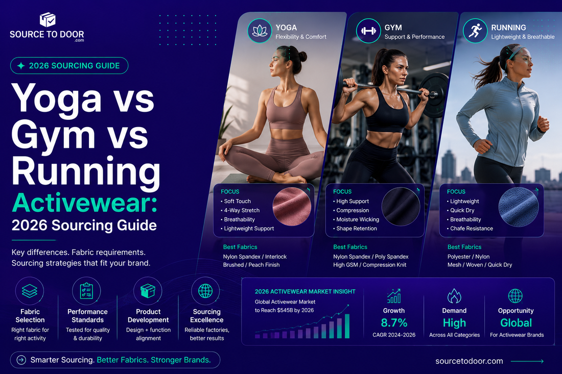 Yoga vs gym vs running activewear sourcing guide comparing fabric requirements, performance features, and manufacturing strategies for women's activewear brands in 2026.