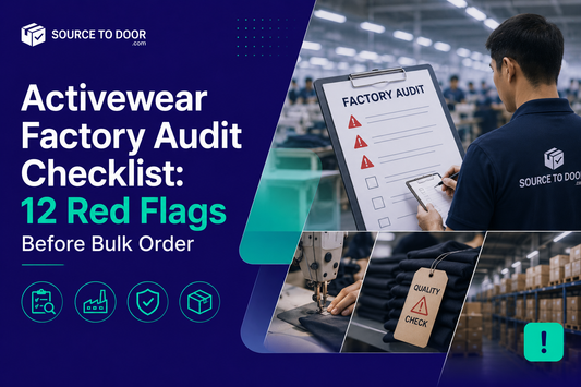 Activewear factory audit checklist showing quality inspection, manufacturing compliance review, warehouse verification, and production risk assessment before placing a bulk apparel order.