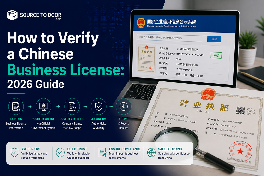 How to verify a Chinese business license guide showing official company registration verification, supplier background checks, business license authentication, and due diligence for sourcing from China.