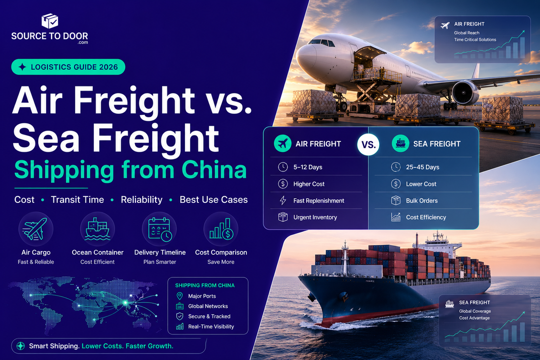 Air freight versus sea freight shipping guide from China showing cargo aircraft, container vessel, transit time comparison, shipping costs, and logistics strategy for ecommerce brands in 2026.