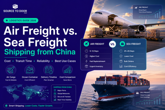 Air freight versus sea freight shipping guide from China showing cargo aircraft, container vessel, transit time comparison, shipping costs, and logistics strategy for ecommerce brands in 2026.