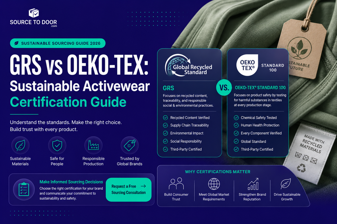 GRS vs OEKO-TEX certification guide comparing sustainable activewear standards, recycled materials, textile safety testing, supply chain traceability, and compliance requirements for apparel brands.