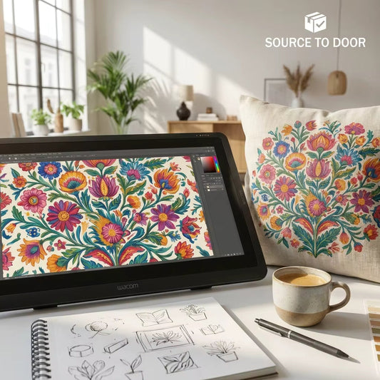 Creative studio editorial showing POD design on tablet and finished printed product by SourceToDoor
