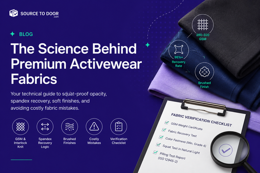 Technical activewear fabric sourcing guide showing GSM testing, stretch recovery analysis, fabric brushing process, and quality inspection for premium women's leggings manufacturing