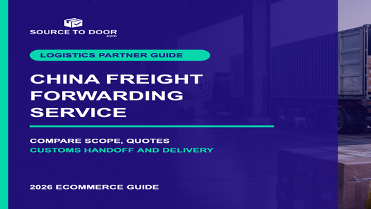 SourceToDoor China freight forwarding service guide cover showing export warehouse, container loading, port and air cargo operations