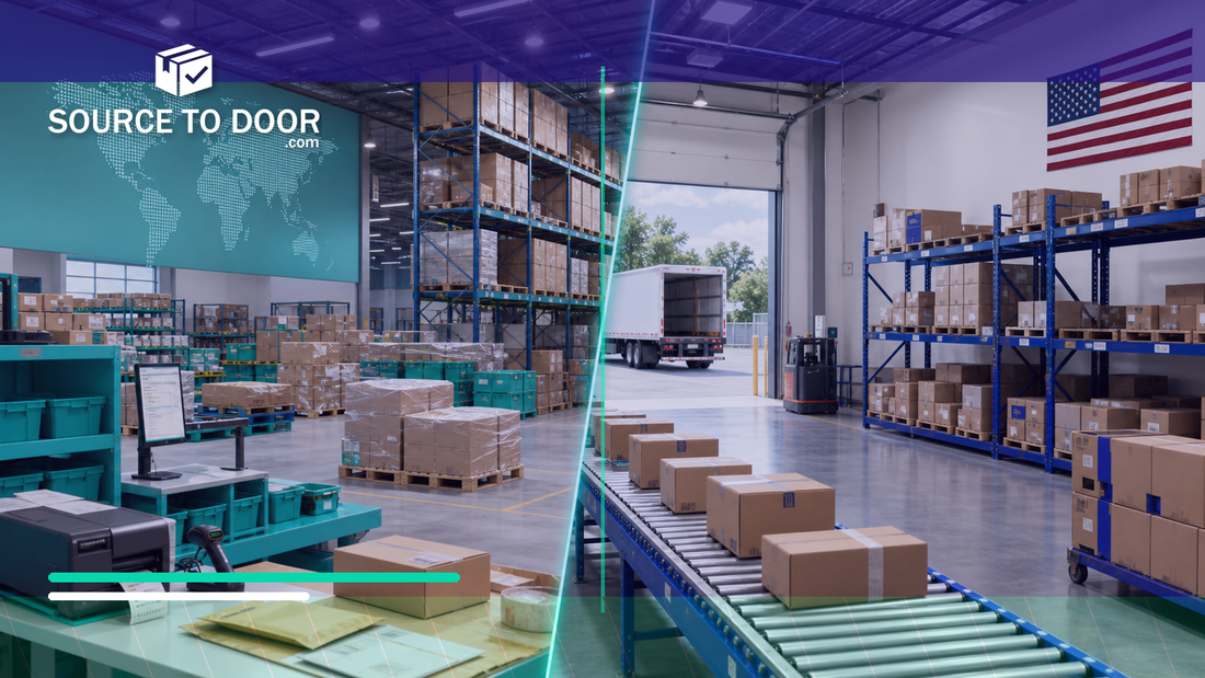 SourceToDoor cover comparing China warehouse and US warehouse fulfillment options for ecommerce brands