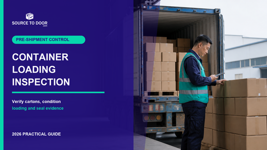 SourceToDoor container loading inspection guide cover showing an inspector verifying export cartons beside an open shipping container in China