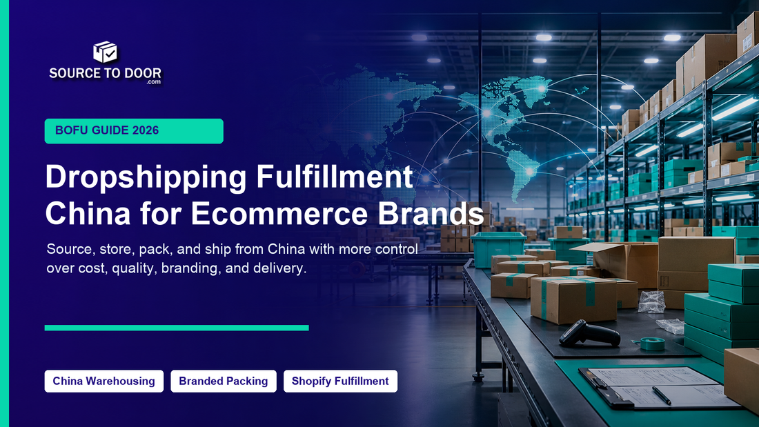 SourceToDoor dropshipping fulfillment China guide cover showing China warehouse operations and global ecommerce shipping