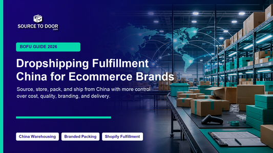 SourceToDoor dropshipping fulfillment China guide cover showing China warehouse operations and global ecommerce shipping