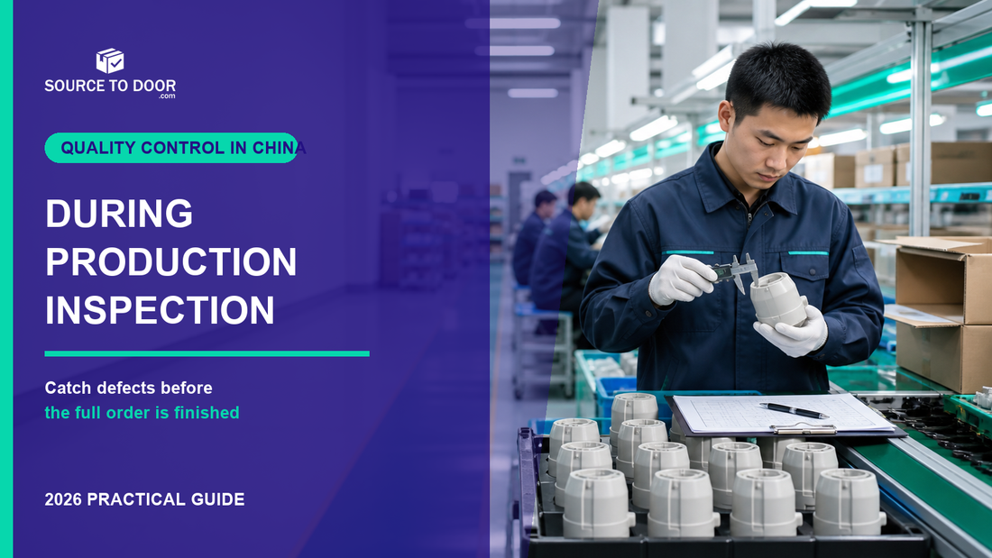SourceToDoor guide cover showing an inspector measuring in-process products during production inspection in a China factory