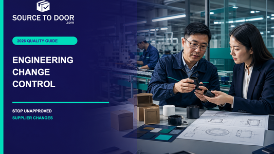 Engineering change control guide showing a China factory team comparing product components before approving supplier changes