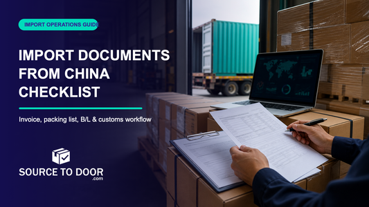 Import documents checklist for China shipments with cartons, commercial paperwork, and a freight container
