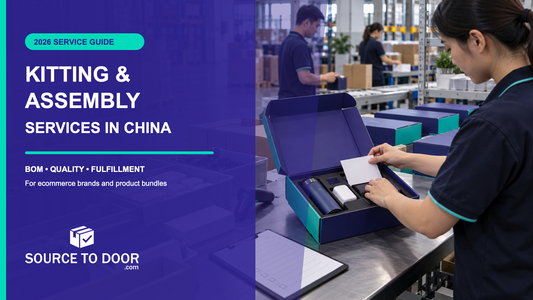 China kitting and assembly service team preparing ecommerce product bundles in a fulfillment warehouse