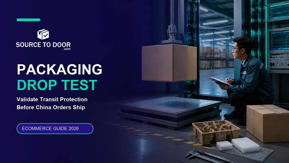 Packaging engineer conducting a controlled carton drop test for ecommerce products sourced from China