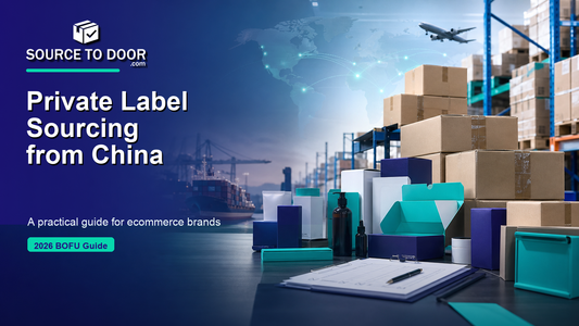SourceToDoor private label sourcing from China guide cover showing custom packaging, product samples, warehouse operations, and global shipping routes