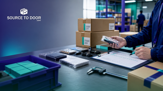 SourceToDoor supplier inspection service in China cover showing product quality checks, packaging review, and ecommerce shipment preparation