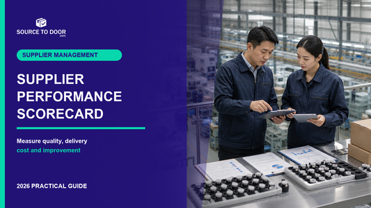 SourceToDoor supplier performance scorecard guide cover showing a factory team reviewing quality, delivery, cost, and improvement records in China